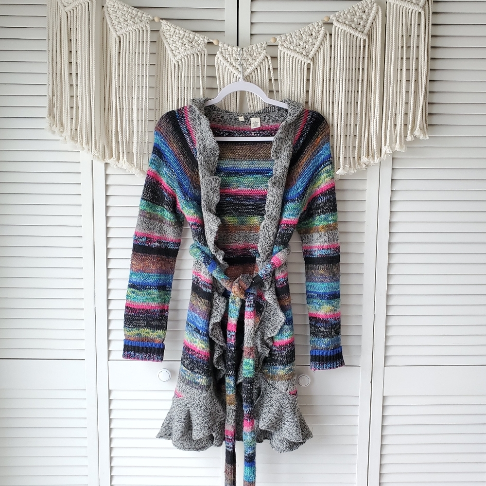 ANTHRO MOTH Rainbow Striped Knit Ruffle Cardigan M - Picture 2 of 6